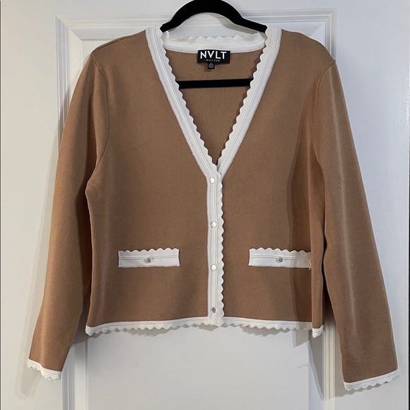 NVLT Sweaters - NVLT x Anthropologie Scallop Trim V Neck Cardigan Women's Size XL Camel NWOT